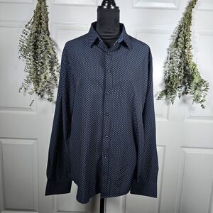 Rugby University Navy Patterned Button-up Long Sleeve Stretch Large